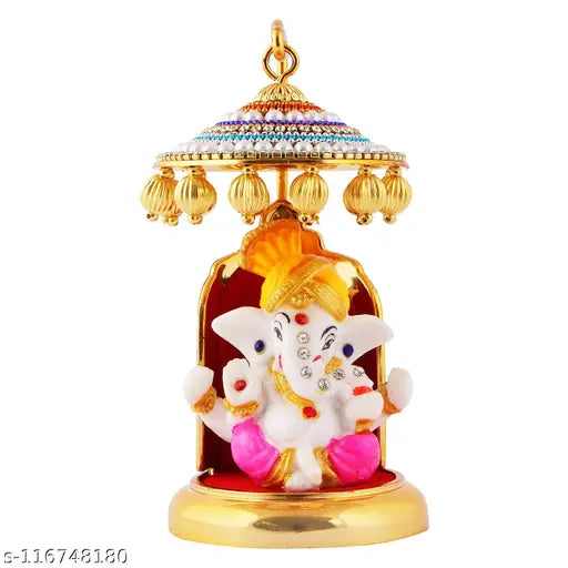 Gold-plated marble Ganesh statue (3"x1"x1"), premium decor for car dashboard, office, study, or temple. Divine elegance meets durability