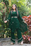 Green faux Georgette full-stitched kurta palazzo set with embroidered top, featuring palazzo and dupatta. India-made women's ethnic wear." (123 characters)