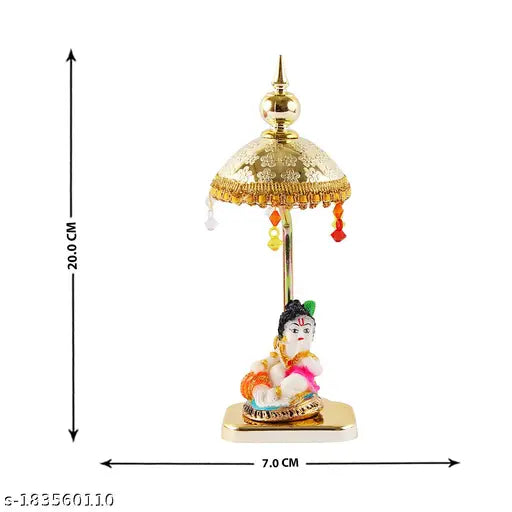 Marble & polyresin Ladu Gopal Ji with gold-plated colored umbrella - divine decor for home or office, Indian craftsmanship