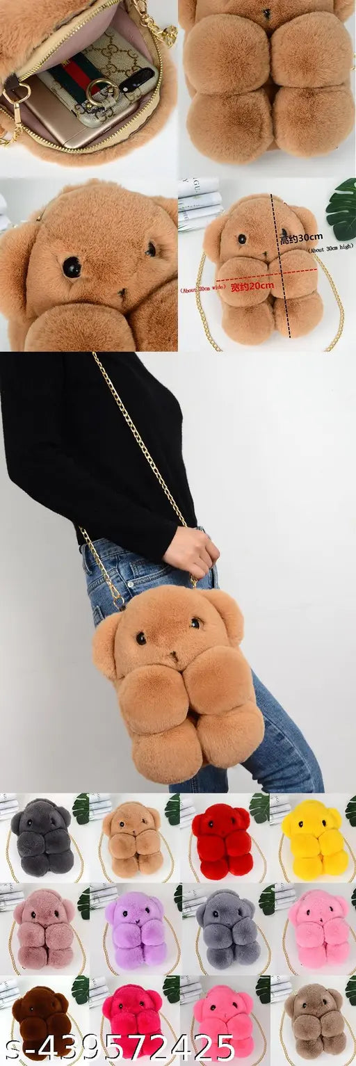 A variety of fur handbags, including a teddy sling bag and cute bunny shoulder bags, in different colors