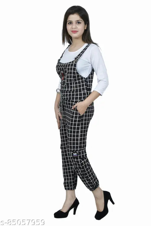 Black cotton blend checkered dungaree dress for kids, adjustable shoulder straps, 3/4 sleeve, ankle length, multi-colors