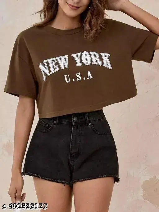 Cotton women's half sleeve cropped t-shirt with New York print, casual summer graphic tee for warm weather styles