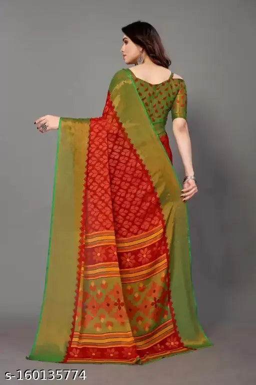 Digital flower printed chiffon saree with running blouse, Indian geometrics and zari border work, free size