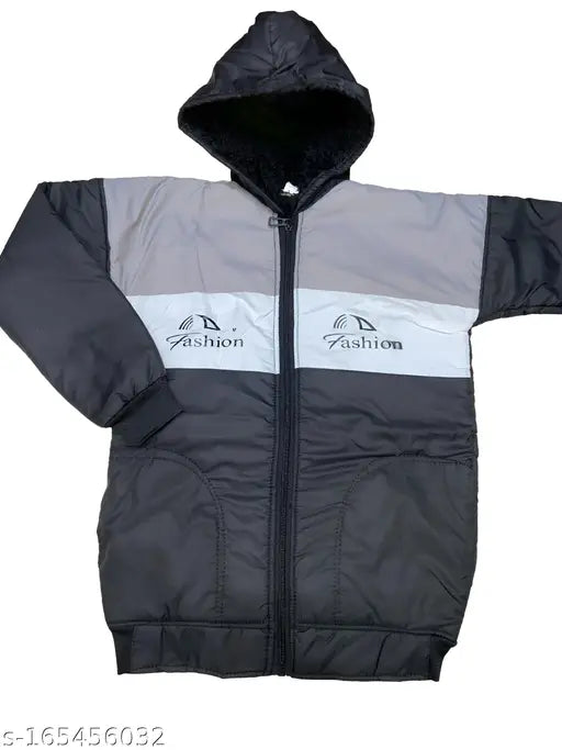 Boy's zippered rain jacket with hood, grey and black colors