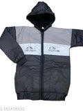 Boy's zippered rain jacket with hood, grey and black colors