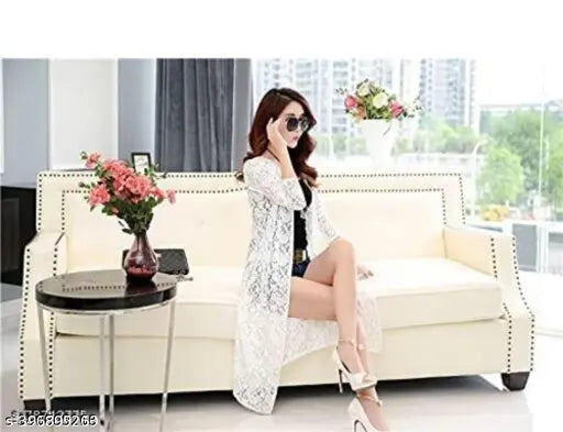 White polyester long jacket with embellished net pattern, three-quarter sleeves elevating women's fashion