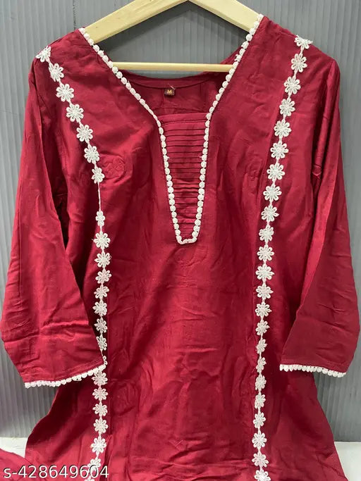 Cotton rayon women's kurti pant set with palazzo bottoms, solid color, three-quarter sleeves