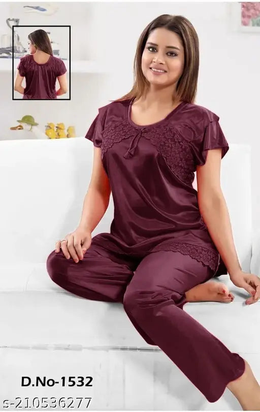 Piftif Women's silk satin comfort fit solid print night suit pair - Indian-made free size pyjamas with short sleeves