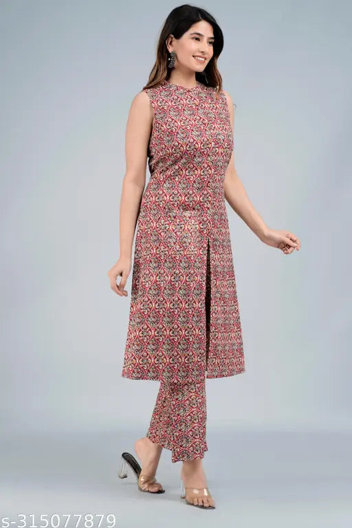 Printed cotton cambric women's sleeveless kurta and palazzo set, front slit A-line design from India