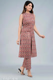 Printed cotton cambric women's sleeveless kurta and palazzo set, front slit A-line design from India