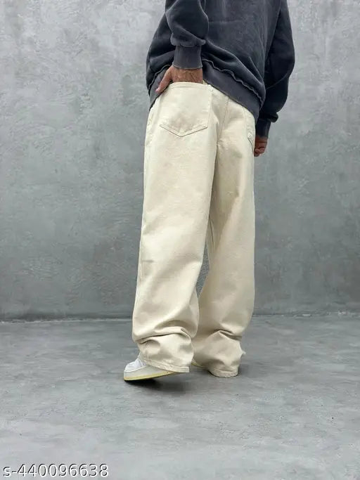 Beige men's wide leg cargo pants