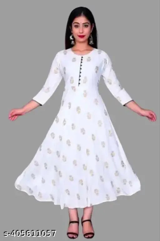 Rayon printed Anarkali Kurti, three-quarter sleeves, vibrant Indian fashion on mannequin