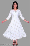 Rayon printed Anarkali Kurti, three-quarter sleeves, vibrant Indian fashion on mannequin