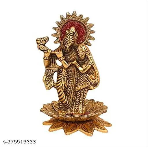 Gold-plated Radha Krishna idol on kamal flower, standing on lotus flower, playing flute for home decor showpiece (Medium), Indian craftsmanship