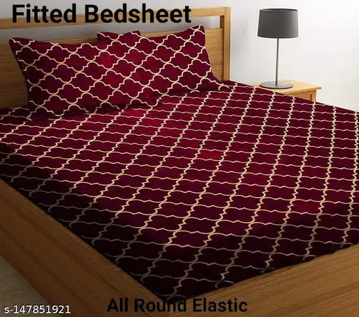 Maroon Carpet Glace Cotton Fitted Bedsheets, Premium 100% Supersoft 180TC, 2 King Size Pillow Covers, Fits 78x72 inches