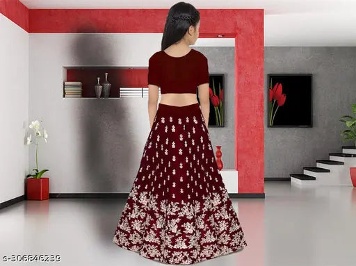 Red and Blue Embroidered Cotton Silk Lehenga for Girls, Indian Ethnic Wear