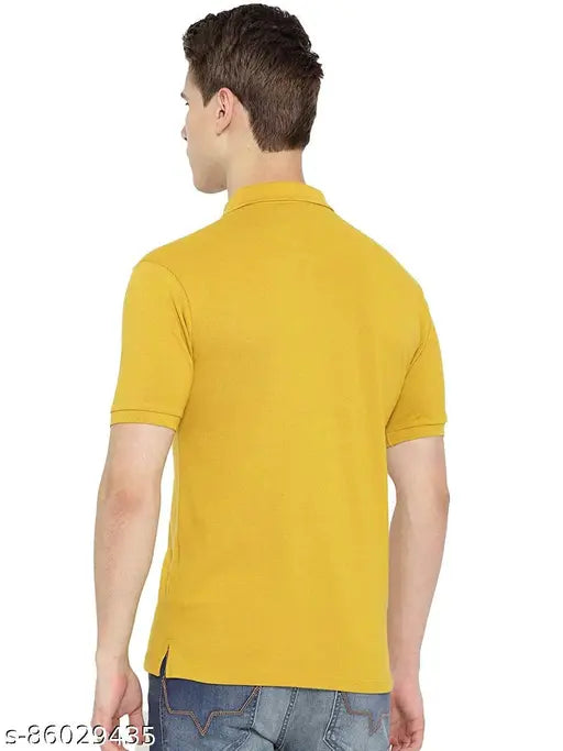 Yellow polycotton Chkokko Men's Solid Polo T-shirt, 3-button placket, half sleeve, chest pocket, classic fit, durable and lightweight
