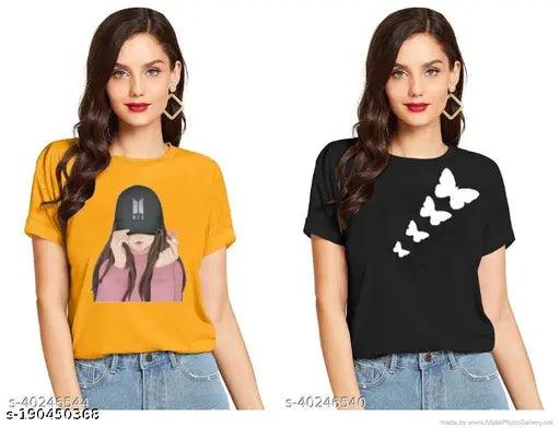 Stylish cotton printed half-sleeve t-shirt for women & girls in vibrant colors, pack of 2 (India origin)