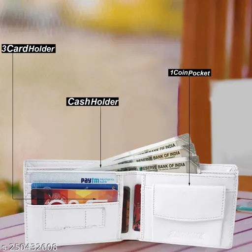 White faux leather wallet with 5 card slots, ideal for men's casual, formal, or evening/party wear. Stylish design with logo, offering functionality and durability