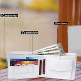 White faux leather wallet with 5 card slots, ideal for men's casual, formal, or evening/party wear. Stylish design with logo, offering functionality and durability