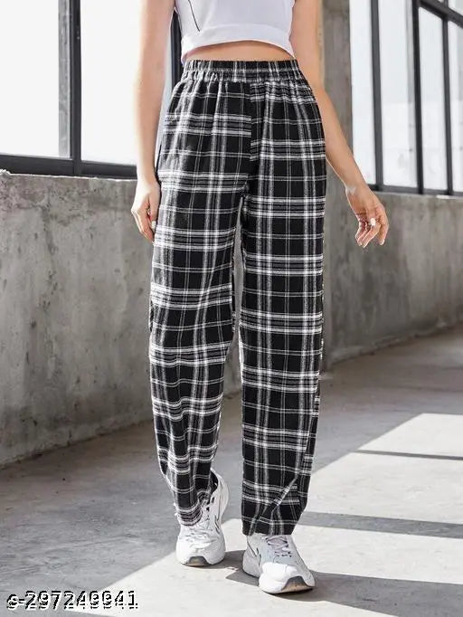 Latest women trousers fashionable high waist, black and white plaid