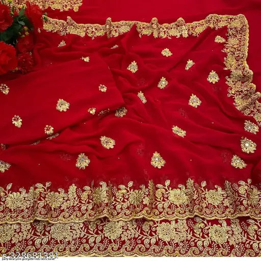 Red and gold georgette saree with heavy embroidery, full diamond patti work