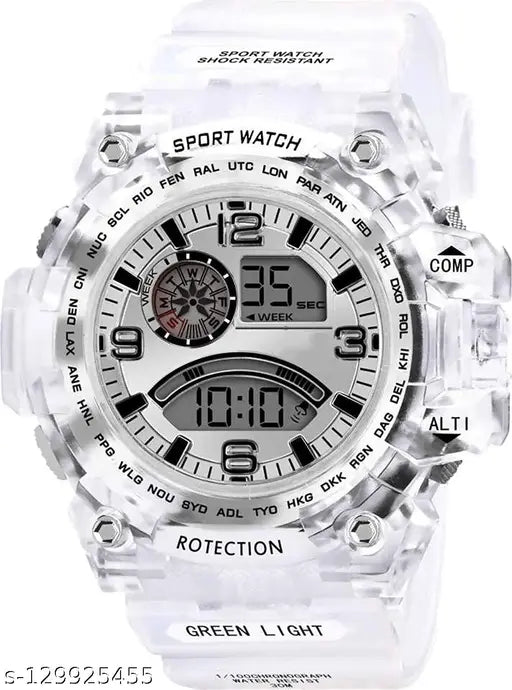 Digital watch with white strap, color dial, and automatic functionality