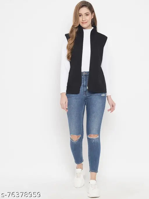 Black fleece sleeveless open-front jacket by Nock for women