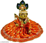Medium golden brass Krishna idol with dress combo, intricately handcrafted for Janmastami pooja