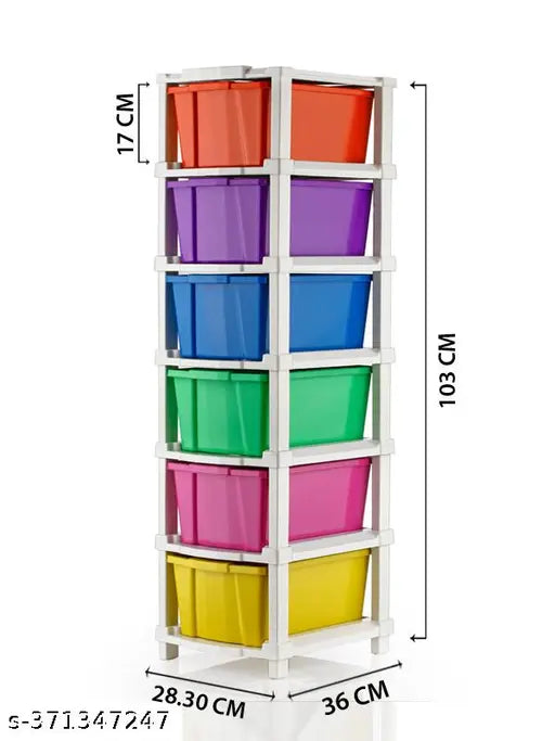 Multicolor plastic storage organizer system with six compartments, 3 tiers