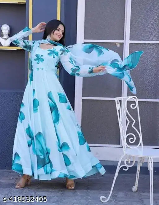 Women's printed Georgette gown with long sleeves, features a dupatta. Summer Kurta in pure cotton and soft material, perfect for a stunning look. Size options available from S to XXL