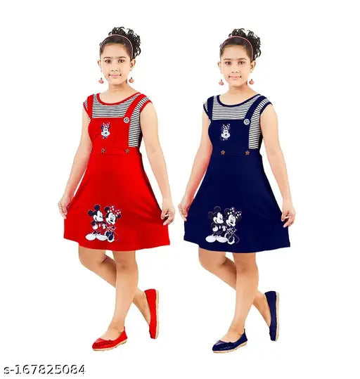 Cotton sleeveless girls party wear dresses combo in red and blue, trendy for ages 2-11 years, high-quality Indian cotton
