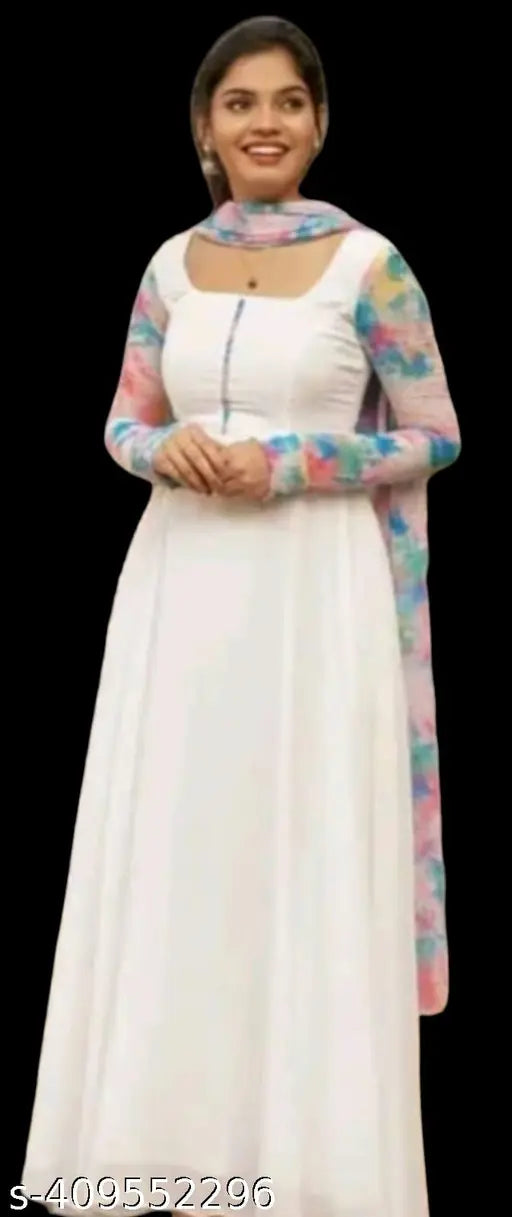 White georgette kurti set with dupatta, printed with buttons and fumka, long sleeves, pastel shades, S.V. Fashions