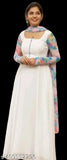 White georgette kurti set with dupatta, printed with buttons and fumka, long sleeves, pastel shades, S.V. Fashions