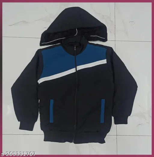 A blue and black zip front jacket with a matching hoodie, suitable for winter wear