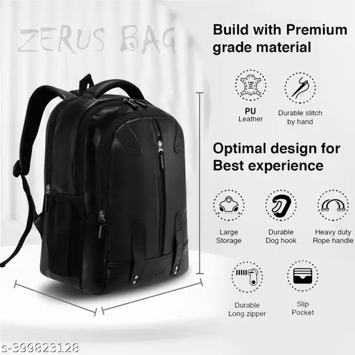 Faux leather school backpack, black with premium vegan material, 15.6" laptop compatible, spacious design for office, college, travel, unisex and lightweight