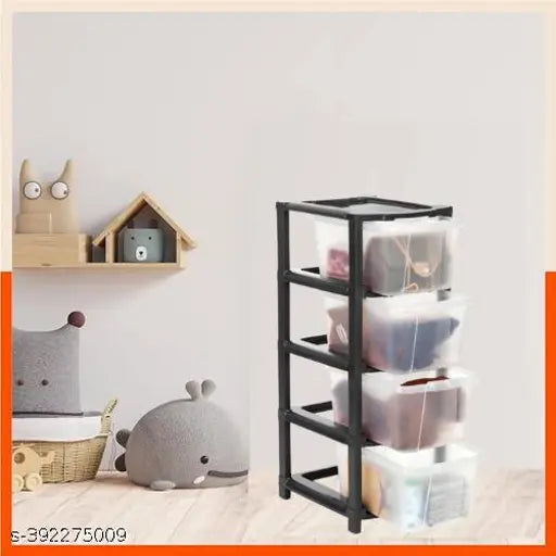 Black multi-shelf drawer organizer system with black containers on a white background