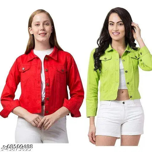 Red and neon green solid pattern women's denim jacket, full sleeves with chest pockets and shank buttons, ZOONI COLLECTION, India origin
