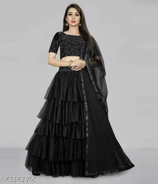 Embroidered semi-stitched black lehenga-choli (free size), satin top, net bottom and dupatta with ruffle patterns, alterable up to 42 inch waist