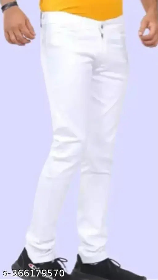 Cotton blend plain white jeans for men, size 28/30/32/34/36, solid pattern