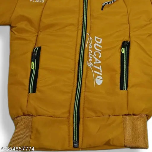 Long-sleeve winter jacket with zip closure, designed for boys, styled in black and yellow colors