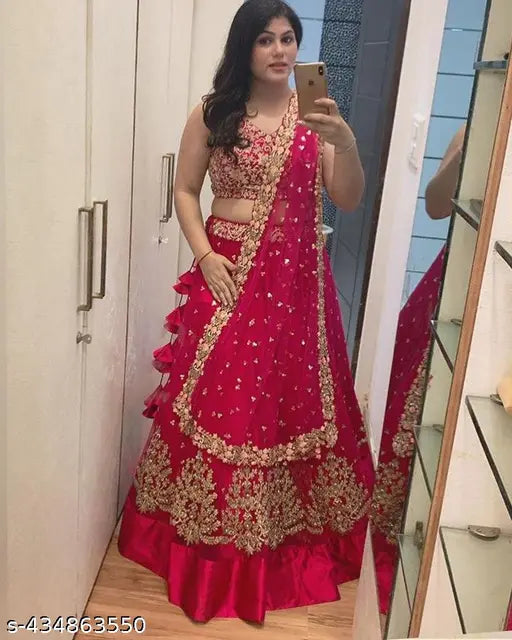 Designer satin-net lehenga choli set with embroidered dupatta, ideal for women's party wear ethnic outfits