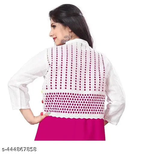 Cotton blend Urbane designer women's waistcoat, three-quarter sleeves, self-design net pattern. XXS (32in bust, 18in length, 30in waist, 34in hip, 13in shoulder), S (36in bust, 18in length, 34in waist, 38in hip, 14in shoulder), M (38in bust, 18in length, 36in waist, 40in hip, 14in shoulder), L (40in bust, 18in length, 38in waist, 42in hip, 15in shoulder), XL (42in bust, 18in length, 40in waist, 44in hip, 15in shoulder), XXL (44in bust, 18in length, 42in waist, 46in hip, 16in shoulder). Made in India