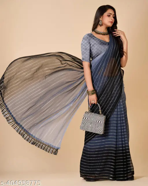 Chiffon saree with silver jari work, fancy pedding print - perfect for parties, weddings, festivals