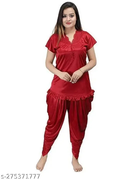 Maroon satin Patiala nightsuit, perfect for casual wear or alteration to fit comfortably