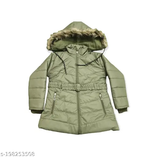Green puffer jacket with belt, hooded design, zip closure