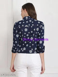 Dark blue floral printed denim jacket (N) for women, Dimpy Garments brand, three-quarter sleeves, spread collar, snap button closure, long sleeves, straight hem, denim fabric - Size S (Bust 36 in, Length 19 in), made in India