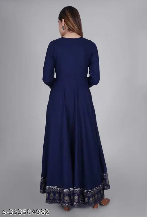 Dark blue rayon anarkali kameez with print, long sleeves