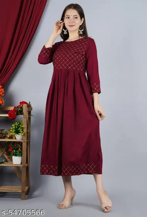 Indian red embroidered pehnawa dress, long length, crew neck, side slits, cotton material