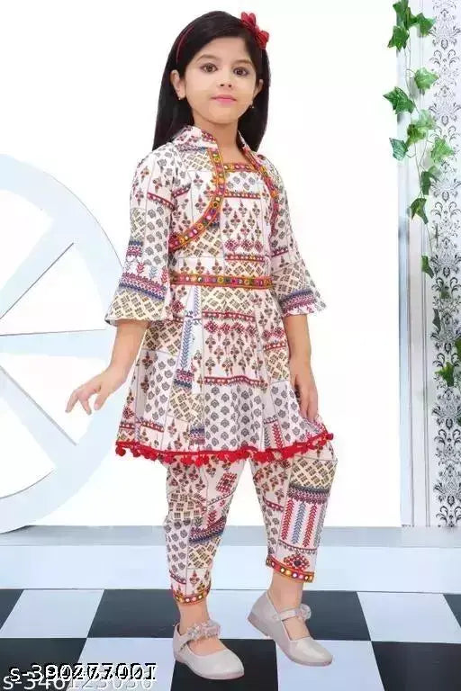 Cotton Cambric kids kurta set for girls, Indian Rajasthani applique and printed net design, long sleeves, various sizes from 9 months to 10 years